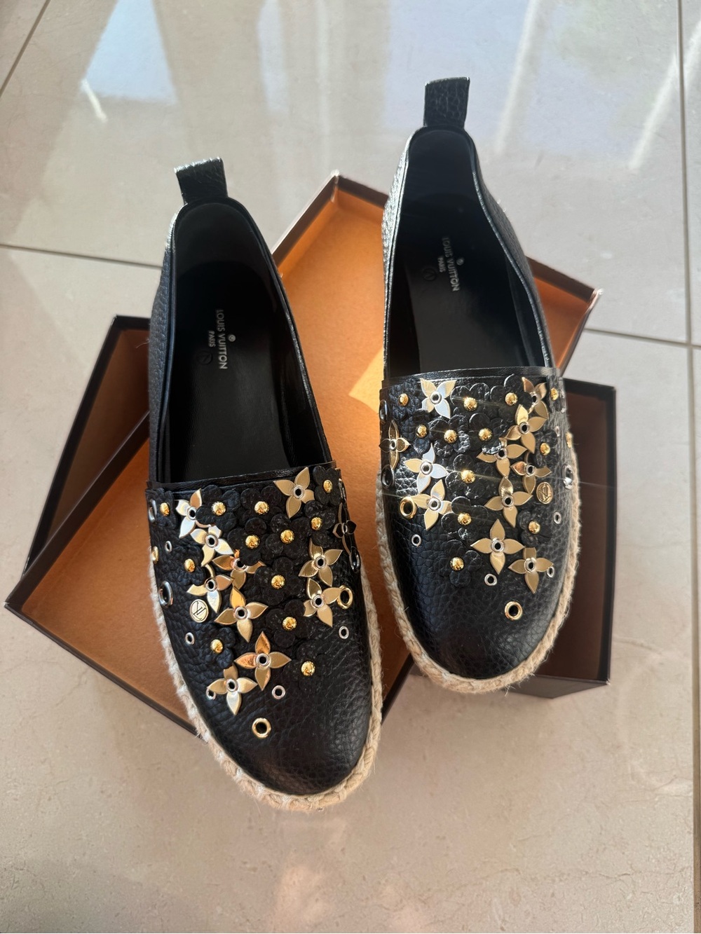 BRAND NEW Louis Vuitton Black Leather Espadrilles with Gold Flower Studs